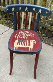 Chair painted in Americana theme with Home Sweet Home painted on it