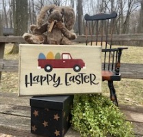 Wooden stenciled Happy Easter sign and primitive bunny